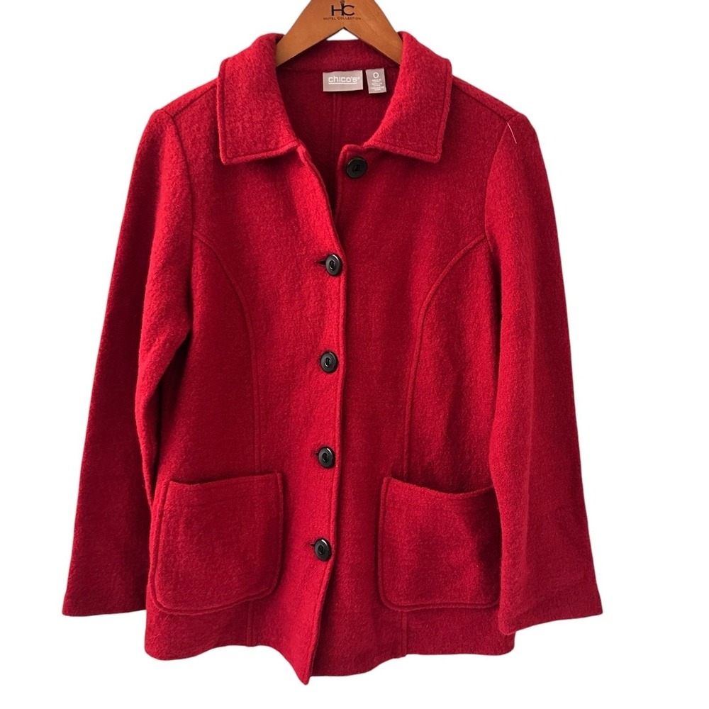 Chico's Women's Red Boiled Wool Lightweight Button-Up Pea Coat Size 0 (2 - 4)
